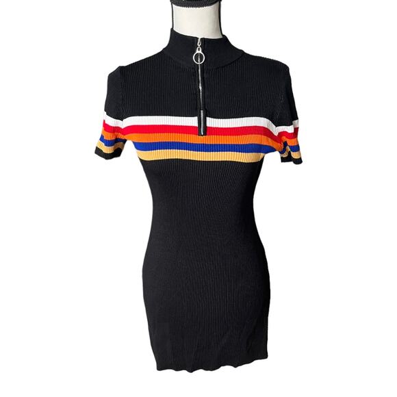Crave Fame Retro 90s knit Ribbed Black Rainbow Striped Shirt Mini Dress Size XL - Picture 2 of 8
